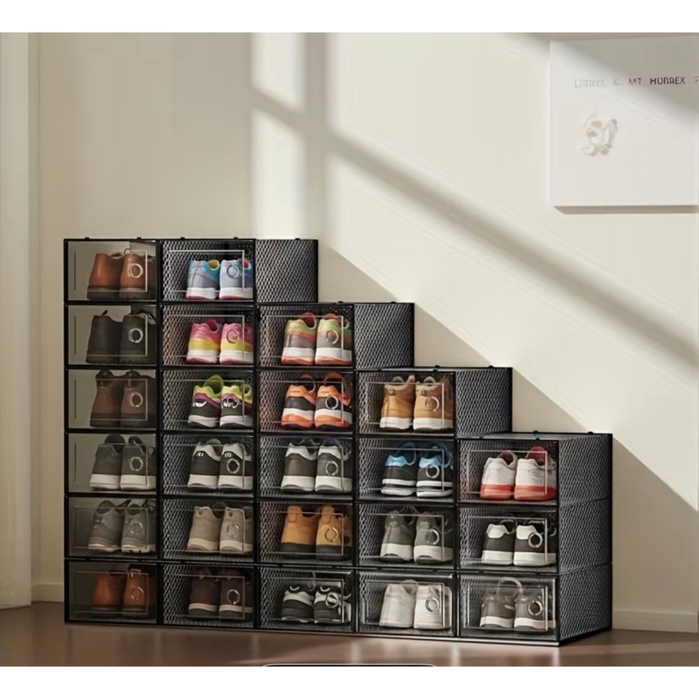 New 12-Pack Large Shoe Storage Organizers – Clear Display & Stackable (Black)